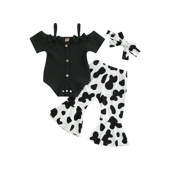 Bagilaanoe 3PCS Newborn Baby Girl Outfits Ribbed Short Sleeve Off Shoulder Romper Bodysuit Cow Print Bell Bottoms Headband 6 12 18 24 Months Summer Clothes