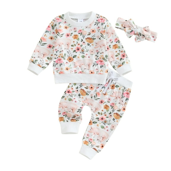 Bagilaanoe 3PCS Toddler Baby Girl Pants Set Floral Print Long Sleeve Sweatshirt Pullover Tops   Sweatpants   Headband 6M 12M 18M 24M 3T Kids Casual Sweatsuits