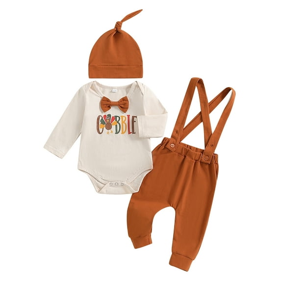 Bagilaanoe 3Pcs Baby Boys Thanksgiving Outfits Overalls Set Letter Long Sleeve Romper Tops + Suspender Pants + Hat 3M 6M 12M Infant Fall Clothes