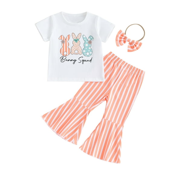 Bagilaanoe 3Pcs Baby Girl Easter Clothing Sets Toddler Cartoon Print Short Sleeve T-shirt Tops + Flare Trousers + Headband 9M 12M 18M 24M 3T 4T Kids Pants Set