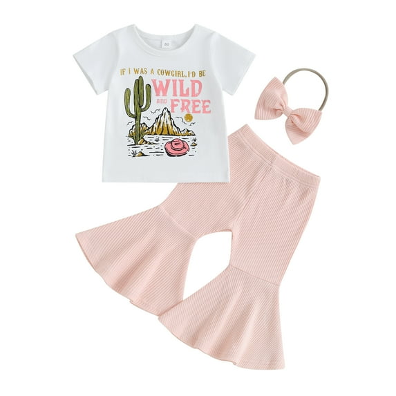 Bagilaanoe 3Pcs Baby Girl Summer Clothing Sets Toddler Letters Print Short Sleeve T-shirt Tops + Flare Trousers + Headband 6M 9M 12M 24M 3T 4T Kids Casual Pants Set