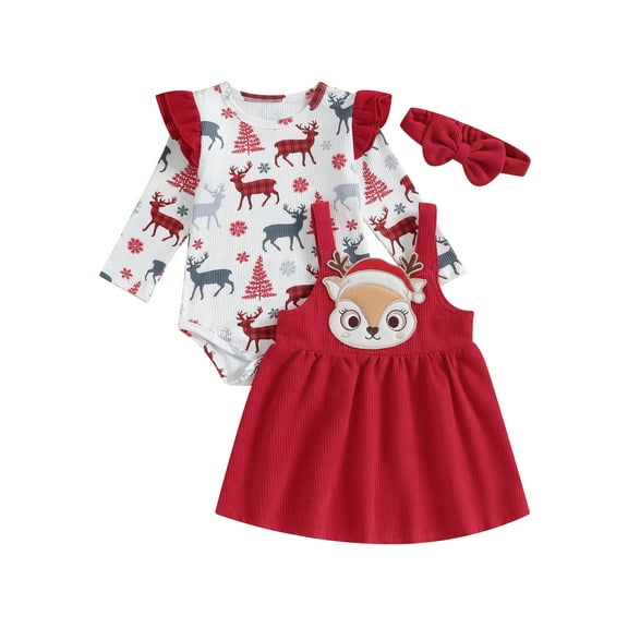 Bagilaanoe 3Pcs Baby Girls Christmas Clothes Newborn Overalls Dress Set Elk Long Sleeve Romper Tops   Corduroy Suspender Skirt   Headband 3M 6M 9M 12M 18M Infant Fall Outfits