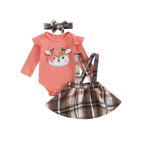 Bagilaanoe 3Pcs Baby Girls Christmas Outfits Overalls Dress Set Newborn Elk/Solid Long Sleeve Romper Tops   Plaid Suspender Skirt   Headband 3M 6M 12M 18M 24M Infant Casual Clothes