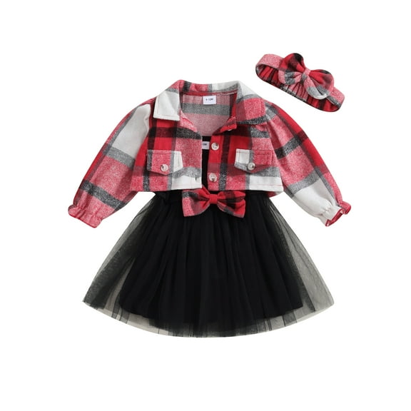 Bagilaanoe 3Pcs Baby Girls Dress Set Sleeveless A-line Tulle Dress   Long Sleeve Plaid Jacket   Headband 3M 6M 9M 12M 18M 24M Infant Casual Clothes