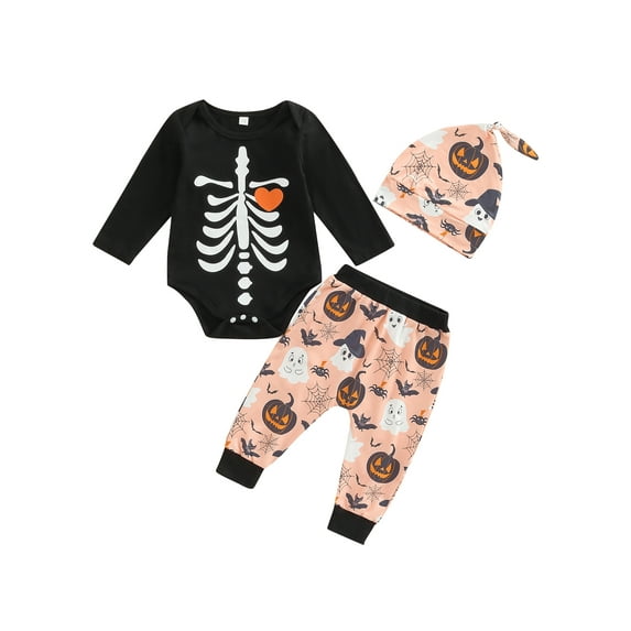 Bagilaanoe 3Pcs Halloween Outfits for Newborn Baby Girl Long Sleeve Skeleton Print Romper Tops Trousers Hat 3M 6M 12M 18M 24M Infant Fall Long Pants Set