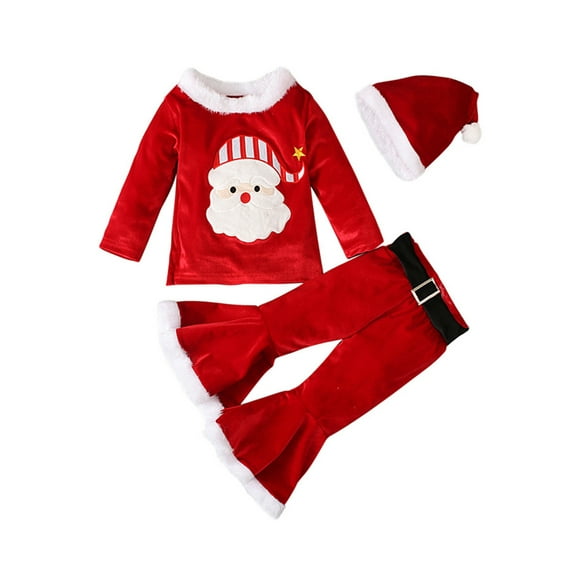 Bagilaanoe 3Pcs Little Girl Christmas Outfits Letter/ Santa Print Long Sleeve Pullover Tops   Flared Trousers   Hat 1T 2T 3T 4T 5T 6T 7T Kids Fall Velvet Long Pants Set
