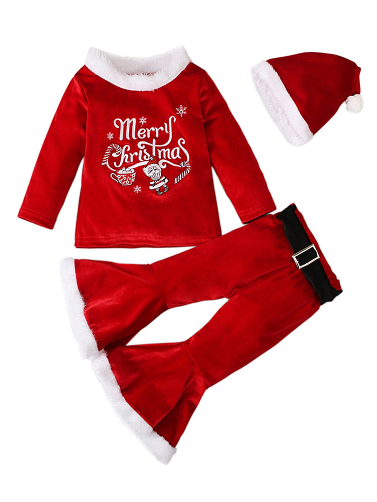Bagilaanoe 3Pcs Little Girl Christmas Outfits Letter/ Santa Print Long Sleeve Pullover Tops + Flared Trousers + Hat 1T 2T 3T 4T 5T 6T 7T Kids Fall Velvet Long Pants Set