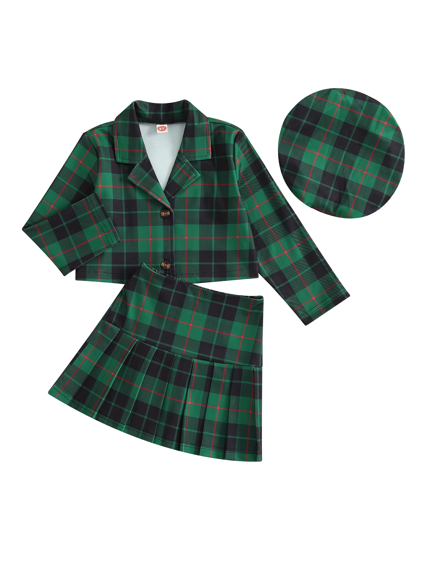 Bagilaanoe 3Pcs Little Girls Christmas Clothes Plaid Long Sleeve Coat Tops + Mini Pleated Skirt + Beret Cap 4T 5T 6T 7T Kids Casual Skirt Set