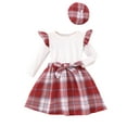thumbnail image 1 of Bagilaanoe 3Pcs Little Girls Fall Clothes Toddler Patchwork Long Sleeve T-shirt Tops + Plaid Skirt with Belt + Hat 2T 3T 4T 5T 6T 7T Kids Casual Skirt Set, 1 of 9