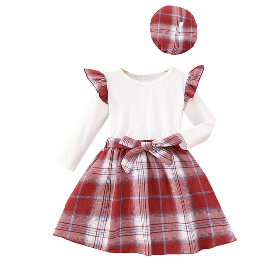 Bagilaanoe 3Pcs Little Girls Fall Clothes Toddler Patchwork Long Sleeve T-shirt Tops + Plaid Skirt with Belt + Hat 2T 3T 4T 5T 6T 7T Kids Casual Skirt Set