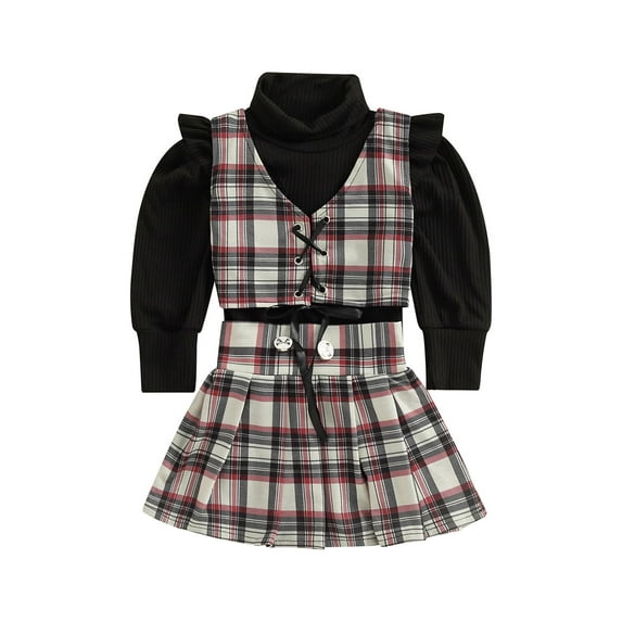 Bagilaanoe 3Pcs Little Girls Skirt Set Turtleneck Long Sleeve Knitted Ribbed Tops + Plaid Waistcoat + Pleated Skirts 1T 2T 3T 4T 5T 6T 7T Kids Casual Fall Outfits