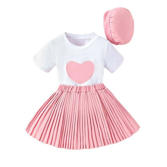 Bagilaanoe 3Pcs Little Girls Summer Clothes Toddler Heart Embroidery Short Sleeve T-Shirts Tops + Pleated Skirt + Hat 4T 5T 6T 7T Kids Casual Skirt Set
