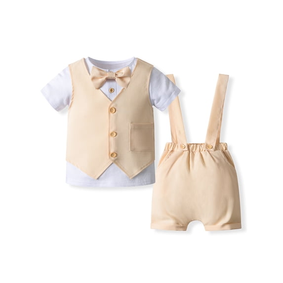 Bagilaanoe 3Pcs Newborn Baby Boys Gentleman Formal Clothes Short Sleeve Shirt Tops with Bow Tie + Waistcoat + Suspender Shorts 3M 6M 12M 18M Infant Overalls Shorts Set