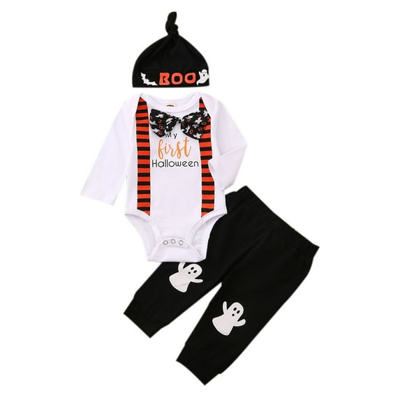 Bagilaanoe 3Pcs Newborn Baby Boys Halloween Outfits Letter Print Long Sleeve Romper Tops Ghost Trousers Hat 3M 6M 9M 12M 18M Infant Fall Gentleman Clothes