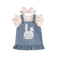 thumbnail image 1 of Bagilaanoe 3Pcs Newborn Baby Easter Outfits Girls Overalls Dress Set Print Short Sleeve Romper Tops + Denim Suspender Skirt + Headband 3M 6M 9M 12M 18M Infant Casual Clothes, 1 of 9