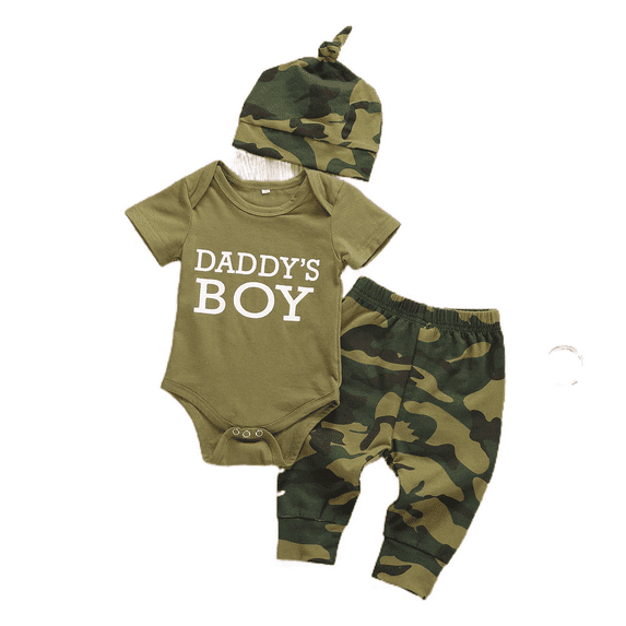 Bagilaanoe 3Pcs Newborn Baby Girl Boy Fathers Day Outfits Letter Print Short Sleeve T-shirt Tops + Camouflage Trousers + Hat/Headband 3M 6M 9M 12M Infant Long Pants Set
