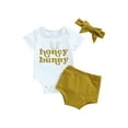 thumbnail image 1 of Bagilaanoe 3Pcs Newborn Baby Girl Easter Outfits Letter Print Short Sleeve Romper Tops + Shorts + Headband 3M 6M 12M 18M 24M Infant Short Pants Set, 1 of 9