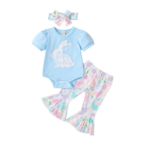 Bagilaanoe 3Pcs Newborn Baby Girl Easter Outfits Letter Rabbit Print Short Sleeve Romper Tops   Flare Trousers   Headband 3M 6M 12M 18M Infant Long Pants Set