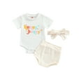 thumbnail image 1 of Bagilaanoe 3Pcs Newborn Baby Girl Easter Outfits Letters Print Short Sleeve Romper Tops + Rabbit Print Shorts + Headband  6M 12M 18M 24M Infant Short Pants Set, 1 of 8