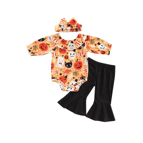 Bagilaanoe 3Pcs Newborn Baby Girl Halloween Outfits Ghost Pumpkin Print Long Sleeve Romper Tops + Flared Shorts+ Headband 3M 6M 12M 18M Infant Fall Long Pants Set