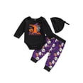 thumbnail image 1 of Bagilaanoe 3Pcs Newborn Baby Girl Halloween Outfits Letter Print Long Sleeve Romper Tops Skull Ghost Pumpkin Pattern Trousers Hat 6M 12M 18M 24M Infant Fall Long Pants Set, 1 of 9