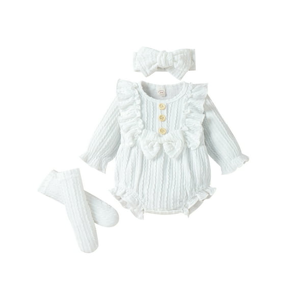 Bagilaanoe 3Pcs Newborn Baby Girl Rompers Outfits Long Sleeve Ruffle Bodysuit + Socks + Headband 3M 6M 9M 12M Infant One Piece Jumpsuit
