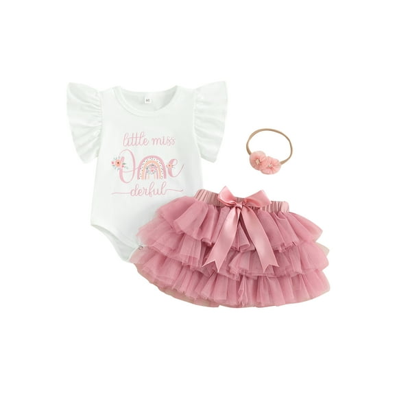 Bagilaanoe 3Pcs Newborn Baby Girls Birthday Clothes Letters Print Short Sleeve Romper Tops   Tulle Skirt   Headband 6M 9M 12M 18M Infant Casual Skirt Set