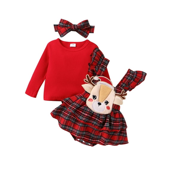 Bagilaanoe 3Pcs Newborn Baby Girls Christmas Clothes Overalls Dress Set Ribbed Long Sleeve Tops   Plaid Suspender Skirt   Headband 3M 6M 9M 12M 18M Infant Casual Clothes