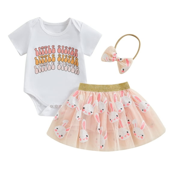 Bagilaanoe 3Pcs Newborn Baby Girls Easter Clothes Letters Print Sleeve Sleeve Romper Tops + Sequin Tutu Skirt + Headband 3M 6M 12M 18M Infant Casual Skirt Set