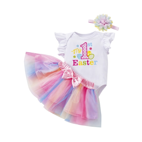 Bagilaanoe 3Pcs Newborn Baby Girls Easter Outfits Letters Print Fly Sleeve Romper Tops + Mesh Tutu Skirt + Headband 3M 6M 9M 12M 18M 24M Infant Casual Skirt Set