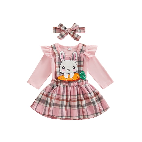 Bagilaanoe 3Pcs Newborn Baby Girls Easter Outfits Overalls Dress Set Flying Sleeve Romper Tops   Embroidery Suspender Skirt   Headband 3M 6M 12M 18M Infant Casual Clothes