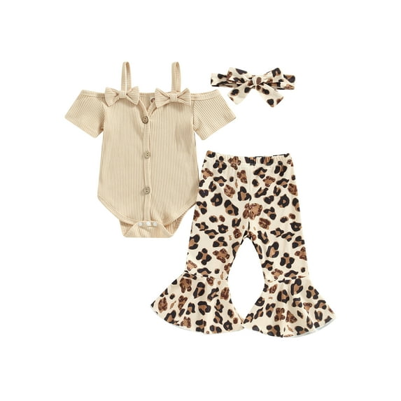 Bagilaanoe 3Pcs Newborn Baby Girls Long Pants Set Short Sleeve Off Shoulder Romper Tops + Leopard/Flower Flare Trousers + Headband 3M 6M 12M 18M Infant Casual Outfits