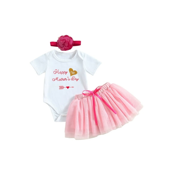 Bagilaanoe 3Pcs Newborn Baby Girls Mother’s Day Outfits Letters Print Short Sleeve Romper Tops + Tutu Skirt + Headband 3M 6M 12M 18M Infant Casual Skirt Set