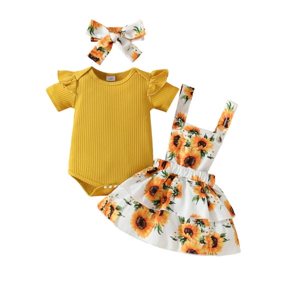 Bagilaanoe 3Pcs Newborn Baby Girls Overalls Dress Set Ribbed Short Sleeve Rompers Tops   Floral Suspender Skirt   Headband 3M 6M 9M 12M 18M Infant Casual Clothes