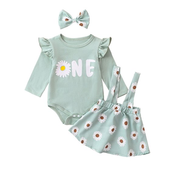 Bagilaanoe 3Pcs Newborn Baby Girls Overalls Dress Set Ruffle Long Sleeve Romper Tops + Daisy Suspender Skirt + Headband 3M 6M 9M 12M Infant Casual Clothes