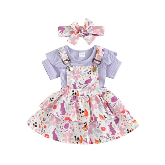 Bagilaanoe 3Pcs Newborn Baby Girls Overalls Dress Set Short Sleeve Pullover Tops   Floral Suspender Skirt   Headband 3M 6M 12M 18M 24M Infant Casual Clothes
