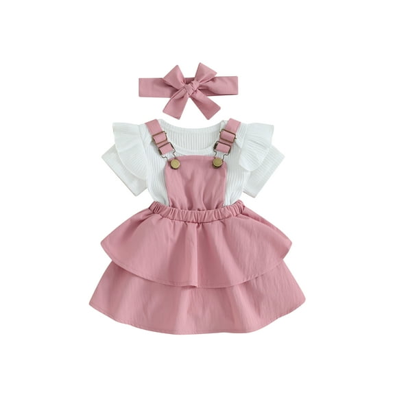 Bagilaanoe 3Pcs Newborn Baby Girls Overalls Dress Set Short Sleeve Romper Tops   Suspender Skirt   Headband 3M 6M 12M 18M 24M Infant Casual Clothes