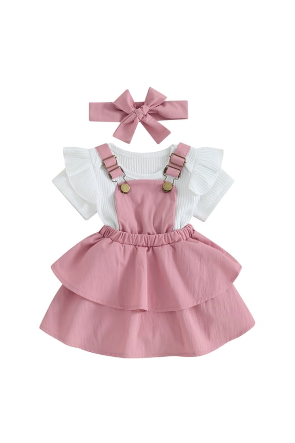 3Pcs Newborn Baby Girls Overalls Dress Set Short Sleeve Romper Tops + Suspender Skirt + Headband 3M 6M 12M 18M 24M Infant Casual Clothes
