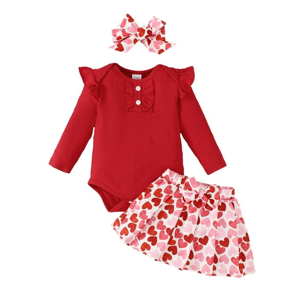Bagilaanoe 3Pcs Newborn Baby Girls Valentine's Day Clothes Long Sleeve Romper Tops Pleated Skirt Headband 3M 6M 9M 12M 18M 24M Infant Casual Skirt Set