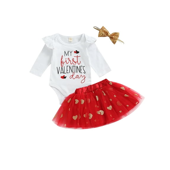 Bagilaanoe 3Pcs Newborn Baby Girls Valentine's Day Outfits Letters Print Long Sleeve Romper Tops + Mesh Tutu Skirt + Headband 3M 6M 12M 18M Infant Casual Skirt Set