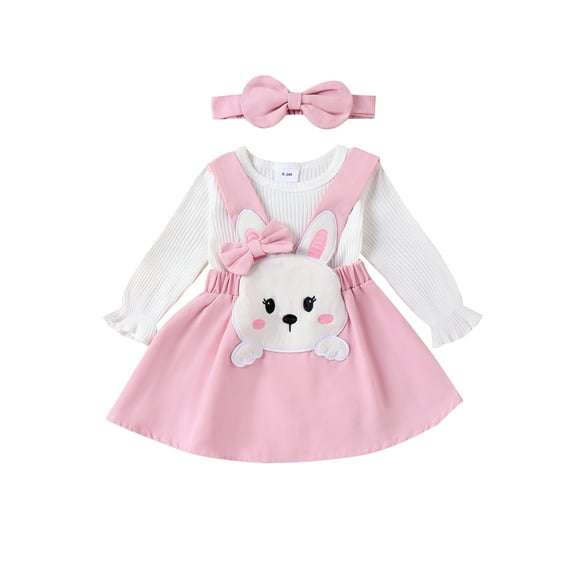 Bagilaanoe 3Pcs Newborn Easter Outfits Baby Girls Overalls Dress Set Ribbed Long Sleeve Romper Tops   Suspender Skirt   Headband 3M 6M 9M 12M 18M Infant Spring Casual Clothes