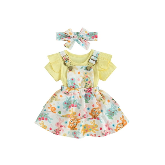 Bagilaanoe 3Pcs Newborn Easter Outfits Baby Girls Overalls Dress Set Ribbed Short Sleeve Romper Tops + Suspender Skirt + Headband 3M 6M 12M 18M 24M Infant Casual Clothes