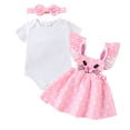 thumbnail image 1 of Bagilaanoe 3Pcs Newborn Easter Outfits Baby Girls Overalls Dress Set Short Sleeve Romper Tops + Cartoon Suspender Skirt + Headband 3M 6M 9M 12M 18M Infant Spring Casual Clothes, 1 of 7