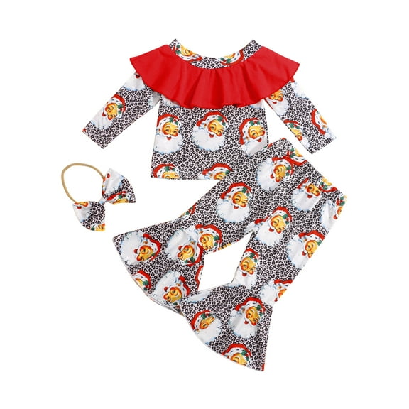 Bagilaanoe 3Pcs Toddler Baby Girl Christmas Outfits Santa Clause Print Long Sleeve Tops + Flared Trousers + Hairband 9M 12M 18M 24M 3T 4T Kids Fall Long Pants Set
