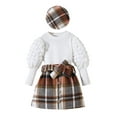 thumbnail image 1 of Bagilaanoe 3Pcs Toddler Baby Girls Autumn ClothesLong Puff Sleeve Ribbed Tops + Plaid Skirt with Belt + Beret 18M 24M 3T 4T 5T 6T Kids Casual Skirt Set, 1 of 7