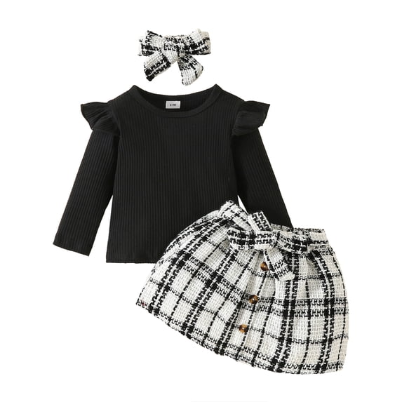 Bagilaanoe 3Pcs Toddler Baby Girls Fall Clothes Letters Print Long Sleeve T-shirt Tops + Plaid Skirt + Headband 6M 9M 12M 18M 24M 3T Kids Casual Skirt Set