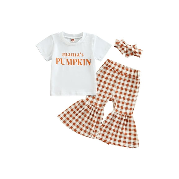 Bagilaanoe 3Pcs Toddler Baby Girls Long Pants Set Letters Print Short Sleeve T-shirt Tops Plaid Flare Trousers Headband 6M 12M 18M 24M 3T 4T Kids Casual Outfits