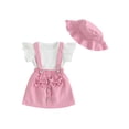 thumbnail image 1 of Bagilaanoe 3Pcs Toddler Baby Girls Overalls Dress Set Flying Sleeve Tops + Suspender Skirt + Hat 6M 12M 18M 24M 3T 4T Kids Casual Clothes, 1 of 9
