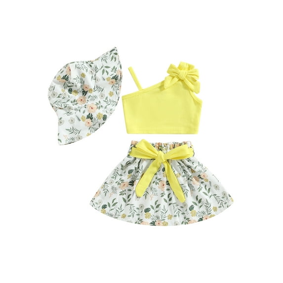 Bagilaanoe 3Pcs Toddler Baby Girls Skirt Set Sleeveless Tank Tops + Floral Skirt + Hat 9M 12M 24M 3T 4T 5T 6T Kids Casual Outfits