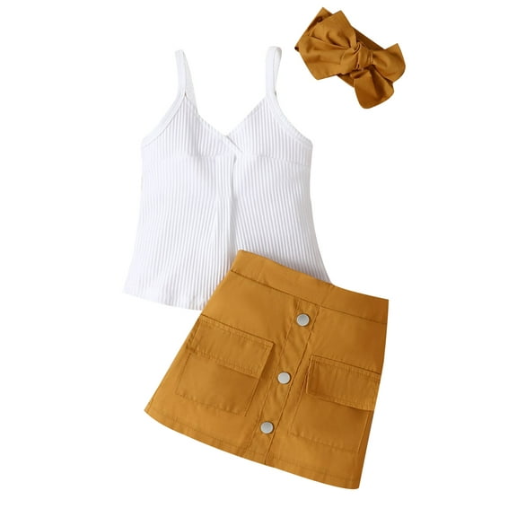 Bagilaanoe 3Pcs Toddler Baby Girls Skirt Set V-Neck Ribbed Sleeveless Tank Tops   Skirt   Headband 1T 2T 3T 4T 5T 6T Kids Summer Casual Outfits